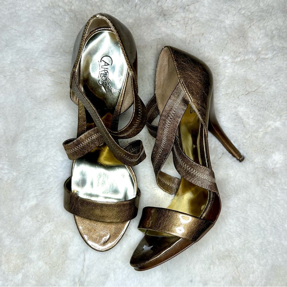 Carlos Santana Faithful Gold Patent Leather Strappy Heels 10